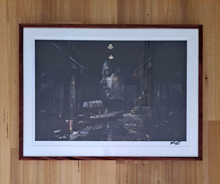 Picture frame with Brown Mahogany stain. Print by Rone