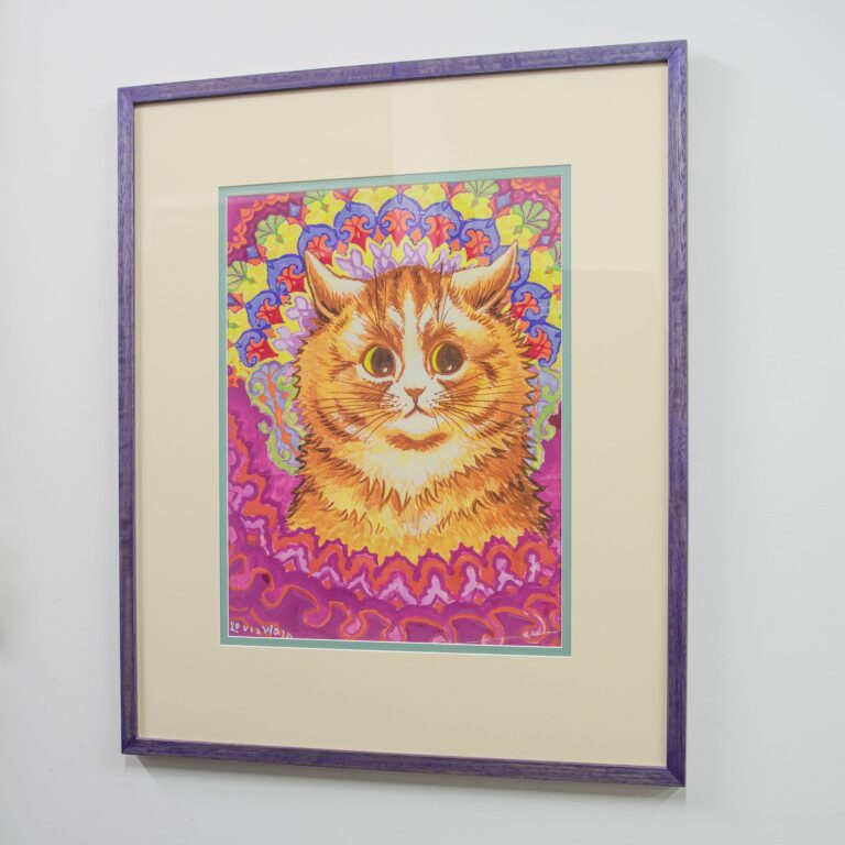 Picture frame with custom purple stain and double mat. Artwork by Louis Wain