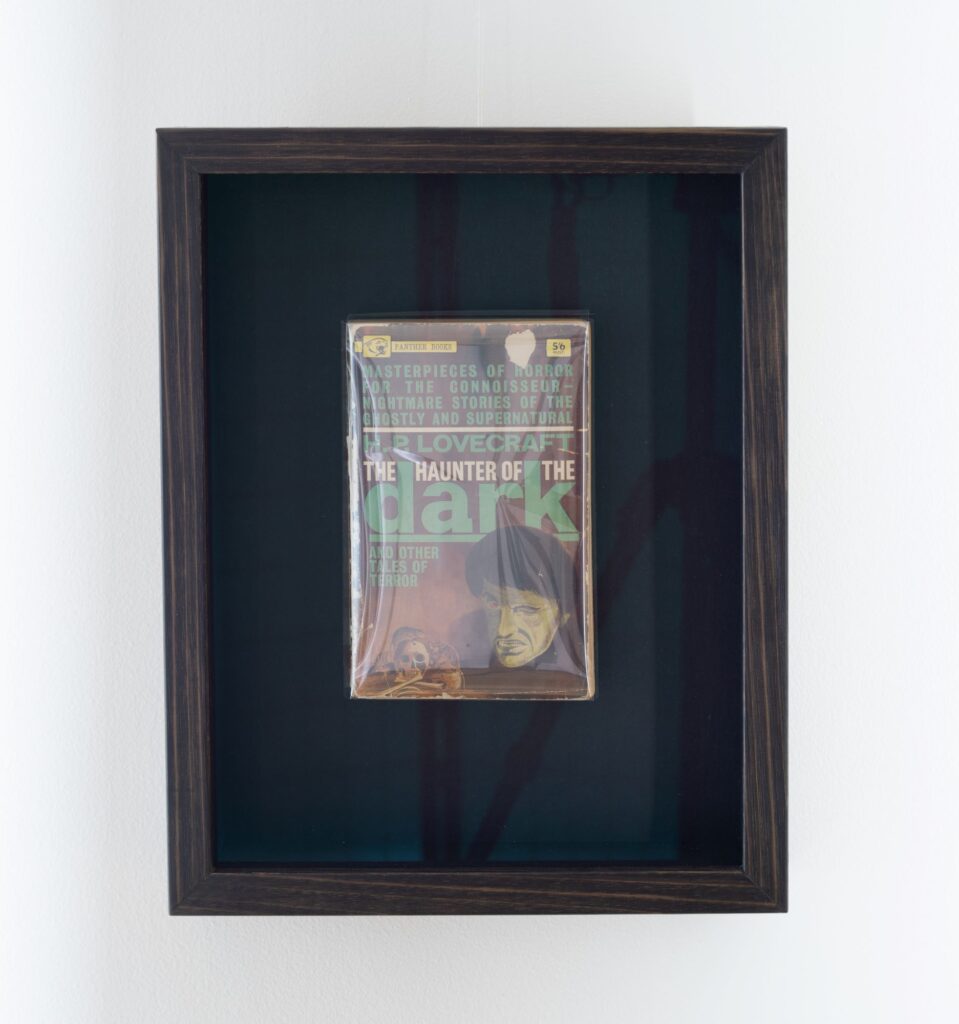 A book framed behind museum glass
